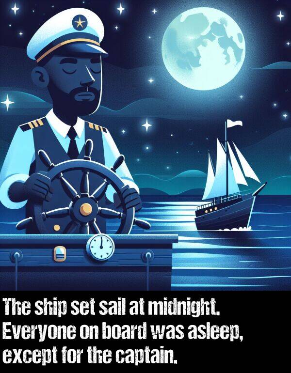 board: The ship set sail at midnight. Everyone on board was asleep, except for the captain.