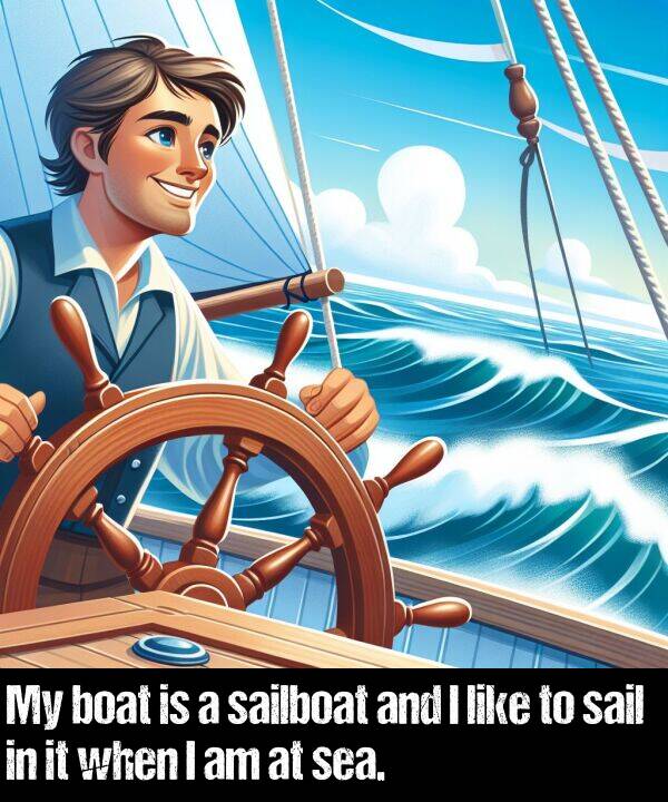 boat: My boat is a sailboat and I like to sail in it when I am at sea.
