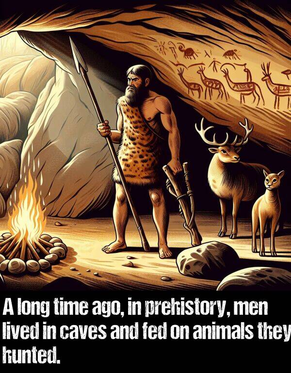 lived: A long time ago, in prehistory, men lived in caves and fed on animals they hunted.