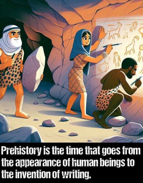 beings: Prehistory is the time that goes from the appearance of human beings to the invention of writing.