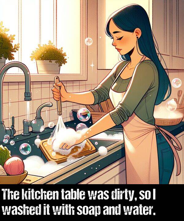 table: The kitchen table was dirty, so I washed it with soap and water.