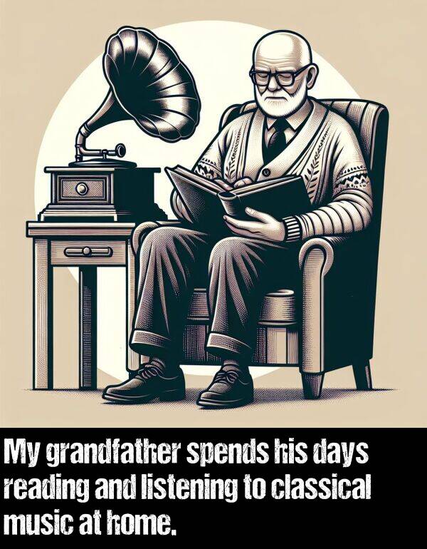 listening: My grandfather spends his days reading and listening to classical music at home.