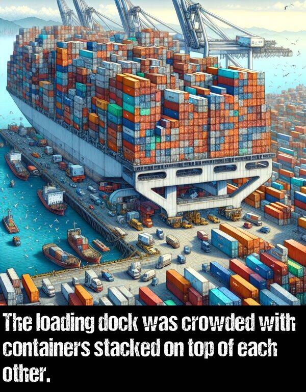 each: The loading dock was crowded with containers stacked on top of each other.