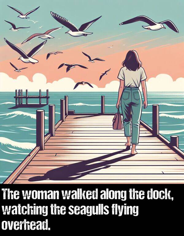 watching: The woman walked along the dock, watching the seagulls flying overhead.