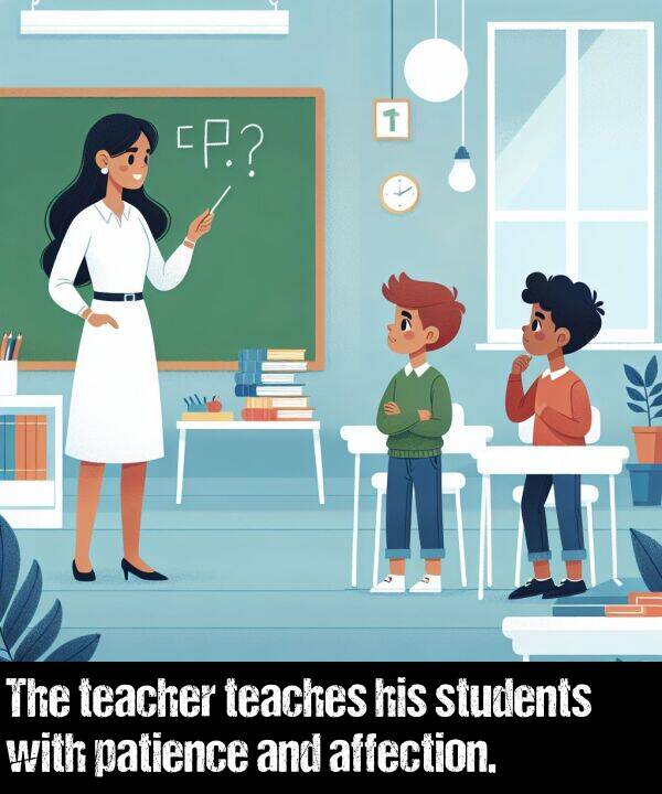 patience: The teacher teaches his students with patience and affection.