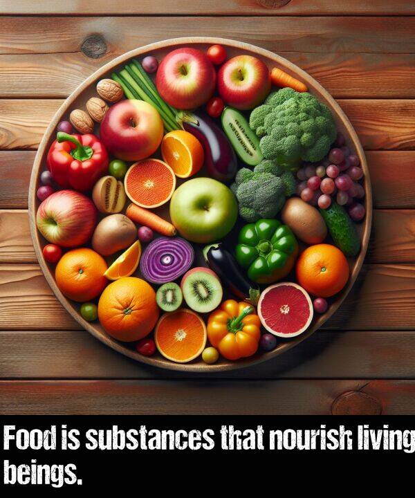 living: Food is substances that nourish living beings.