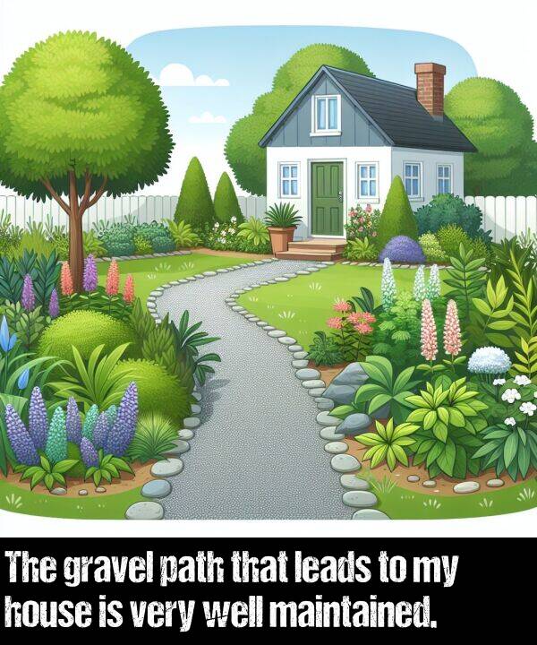 leads: The gravel path that leads to my house is very well maintained.