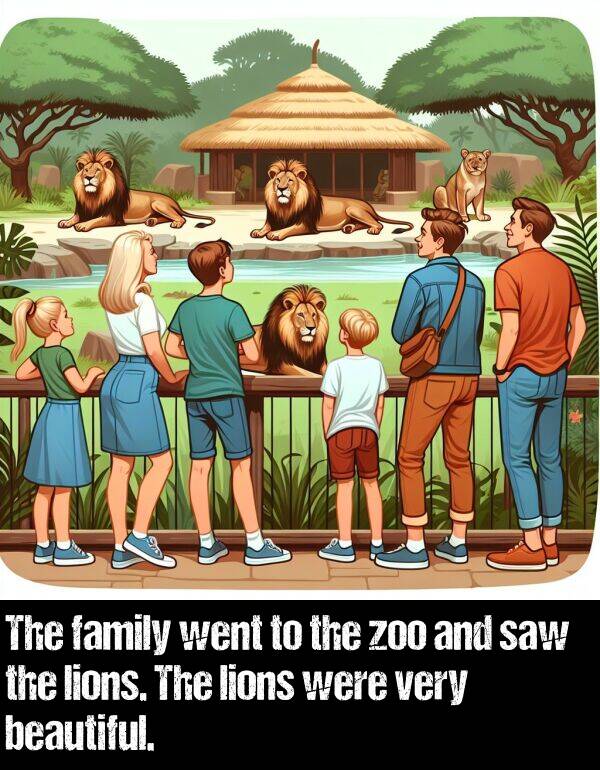 zoo: The family went to the zoo and saw the lions. The lions were very beautiful.