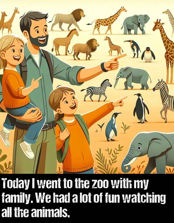 zoo: Today I went to the zoo with my family. We had a lot of fun watching all the animals.