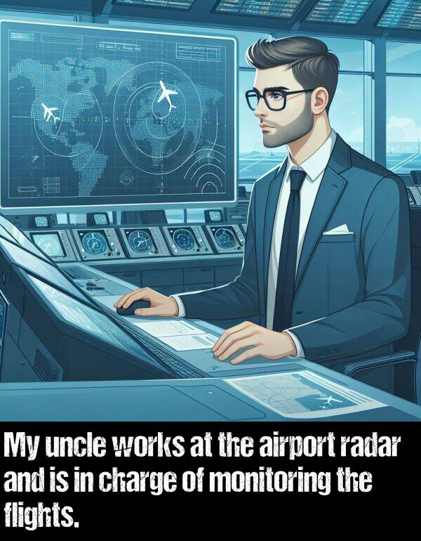 flights: My uncle works at the airport radar and is in charge of monitoring the flights.