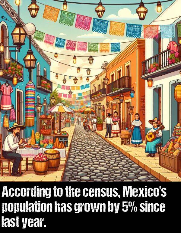last: According to the census, Mexico's population has grown by 5% since last year.