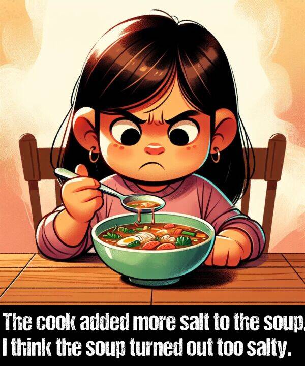 added: The cook added more salt to the soup. I think the soup turned out too salty.