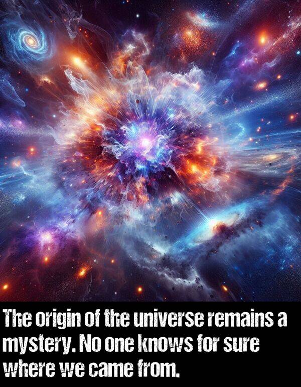 origin: The origin of the universe remains a mystery. No one knows for sure where we came from.
