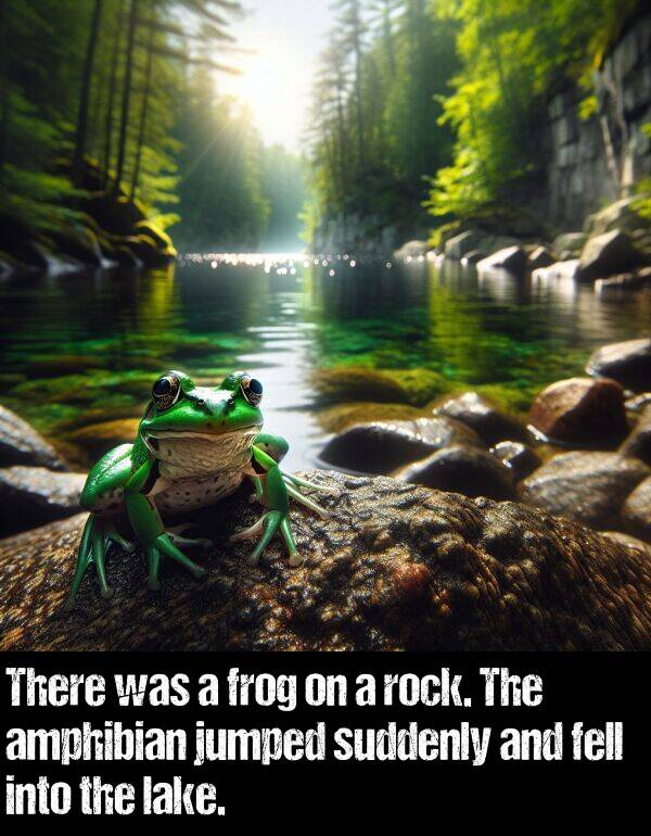 fell: There was a frog on a rock. The amphibian jumped suddenly and fell into the lake.