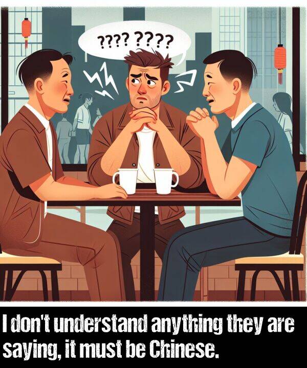 saying: I don't understand anything they are saying, it must be Chinese.