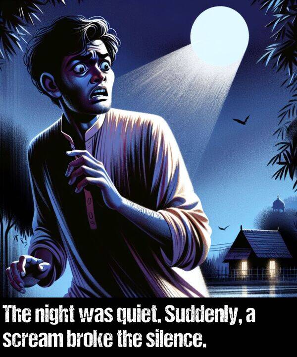 night: The night was quiet. Suddenly, a scream broke the silence.