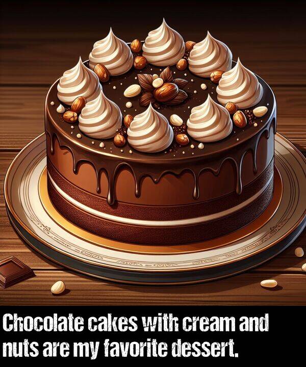 favorite: Chocolate cakes with cream and nuts are my favorite dessert.