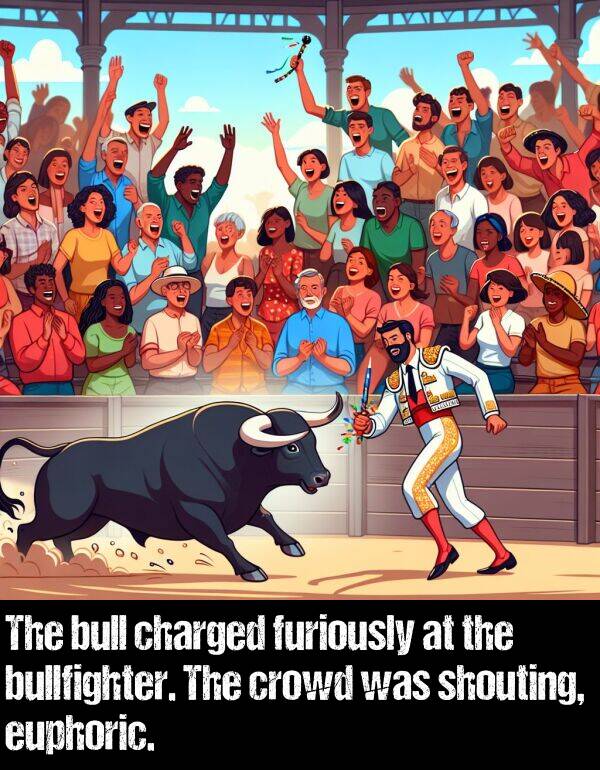 bull: The bull charged furiously at the bullfighter. The crowd was shouting, euphoric.