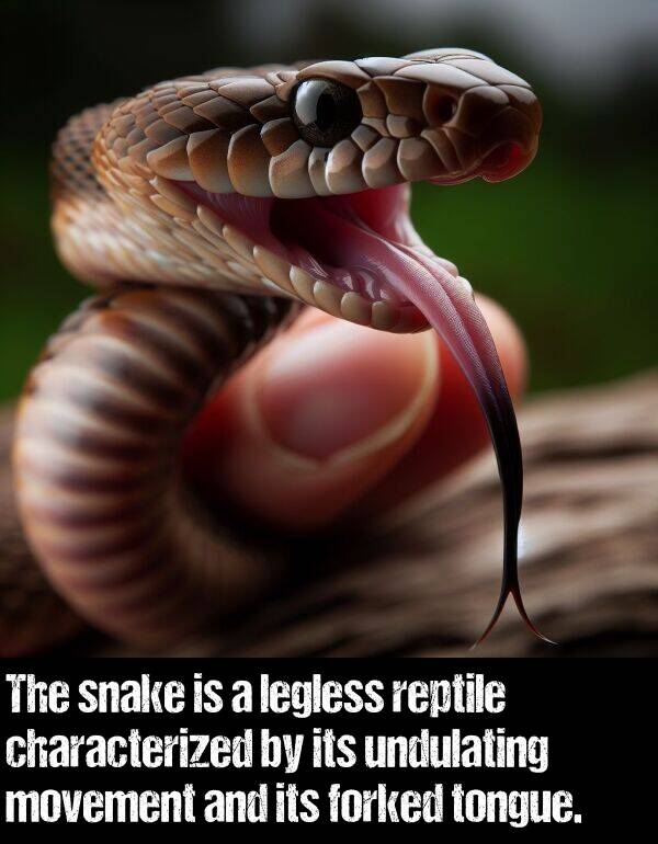 movement: The snake is a legless reptile characterized by its undulating movement and its forked tongue.