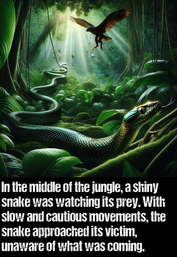 middle: In the middle of the jungle, a shiny snake was watching its prey. With slow and cautious movements, the snake approached its victim, unaware of what was coming.