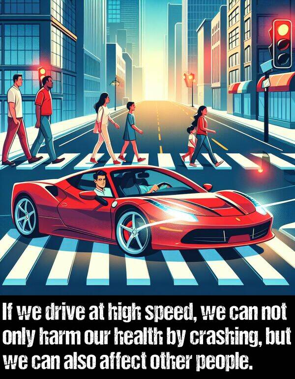 harm: If we drive at high speed, we can not only harm our health by crashing, but we can also affect other people.