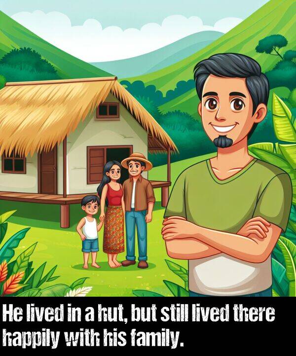 but: He lived in a hut, but still lived there happily with his family.