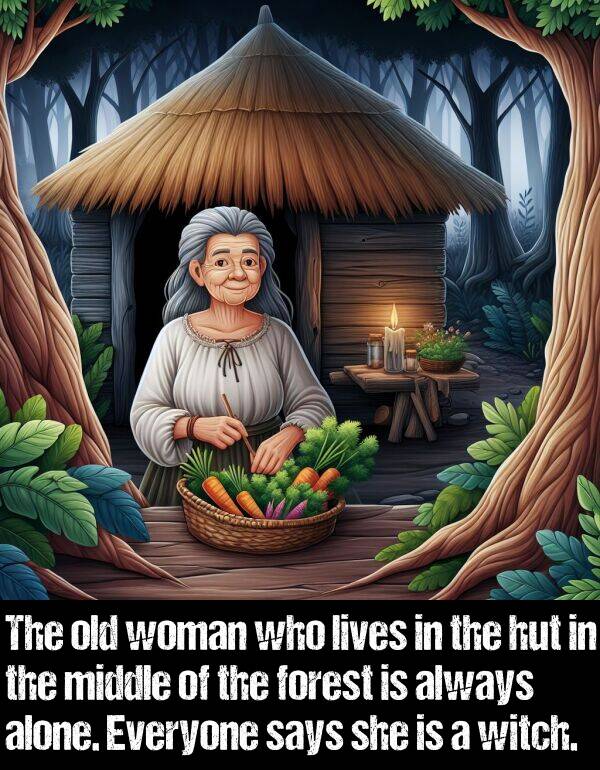 middle: The old woman who lives in the hut in the middle of the forest is always alone. Everyone says she is a witch.