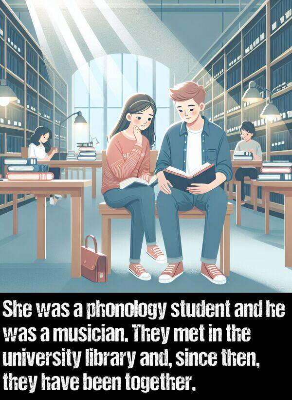 library: She was a phonology student and he was a musician. They met in the university library and, since then, they have been together.