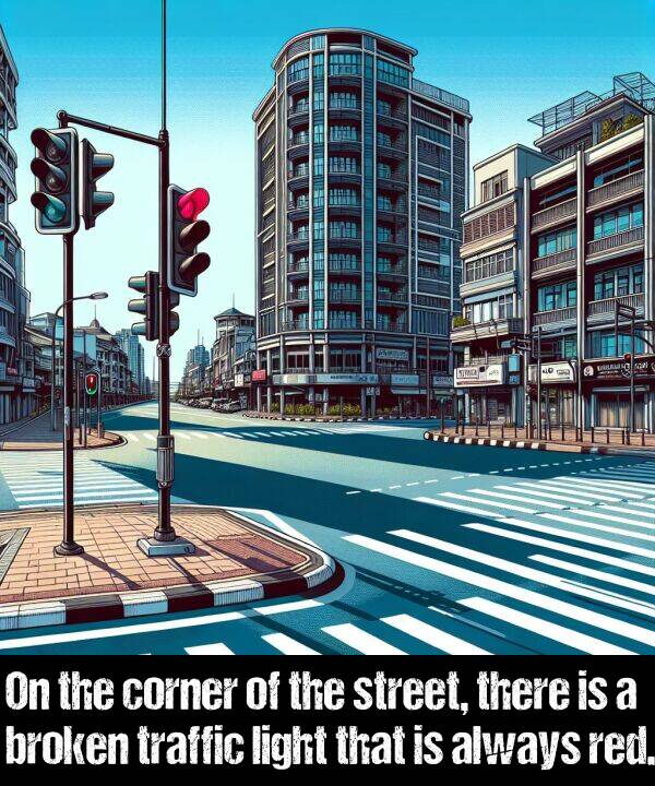 light: On the corner of the street, there is a broken traffic light that is always red.