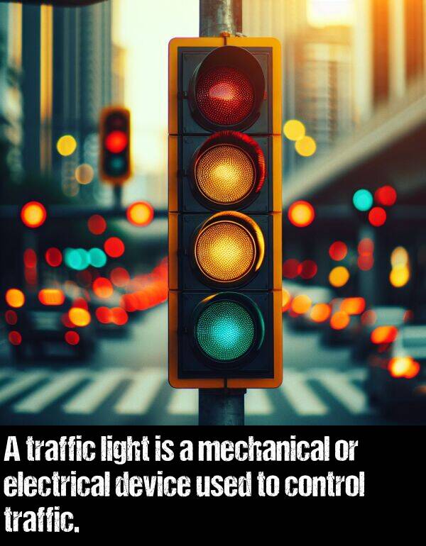 light: A traffic light is a mechanical or electrical device used to control traffic.