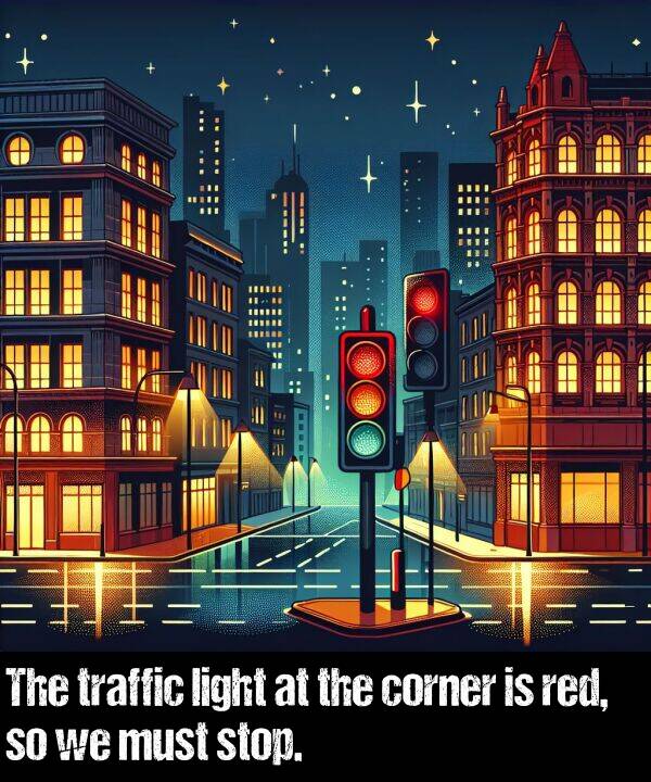 light: The traffic light at the corner is red, so we must stop.