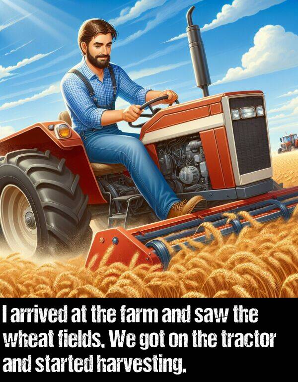 fields: I arrived at the farm and saw the wheat fields. We got on the tractor and started harvesting.