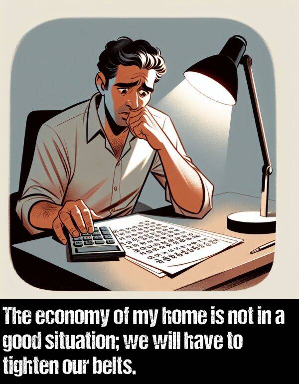 belts: The economy of my home is not in a good situation; we will have to tighten our belts.