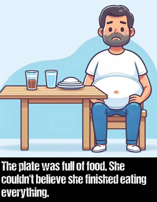 believe: The plate was full of food. She couldn't believe she finished eating everything.