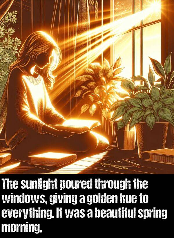 hue: The sunlight poured through the windows, giving a golden hue to everything. It was a beautiful spring morning.