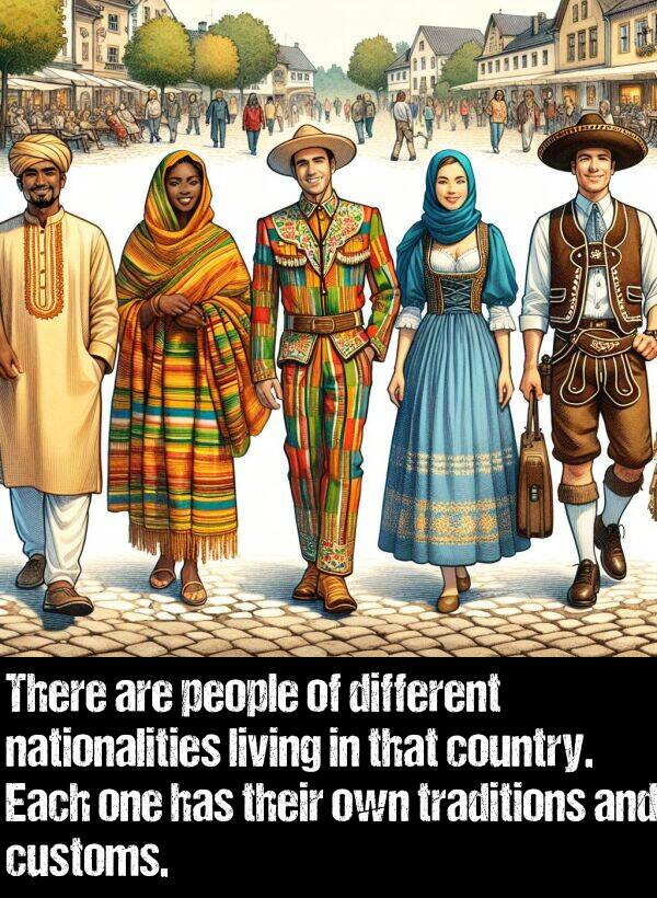 living: There are people of different nationalities living in that country. Each one has their own traditions and customs.