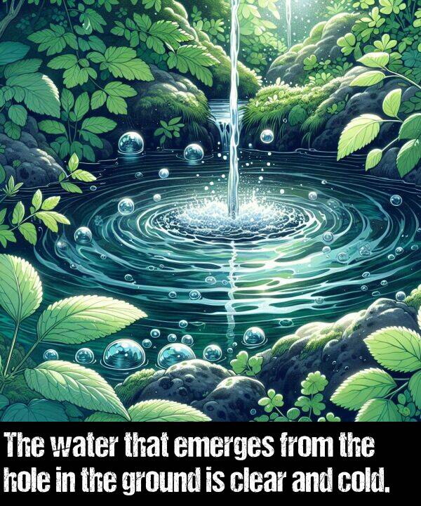 emerges: The water that emerges from the hole in the ground is clear and cold.