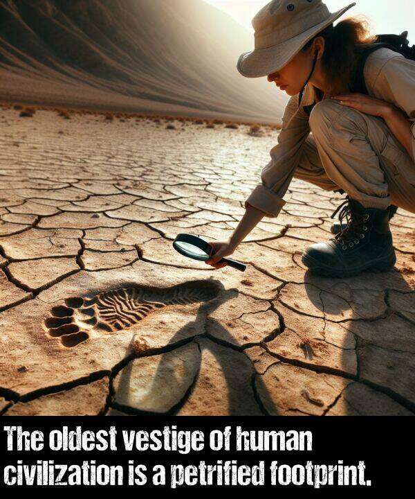 oldest: The oldest vestige of human civilization is a petrified footprint.