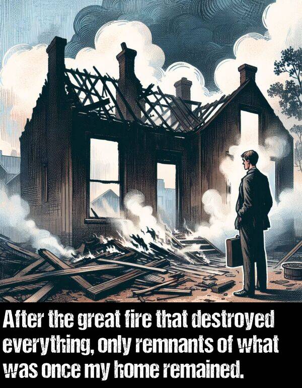 what: After the great fire that destroyed everything, only remnants of what was once my home remained.