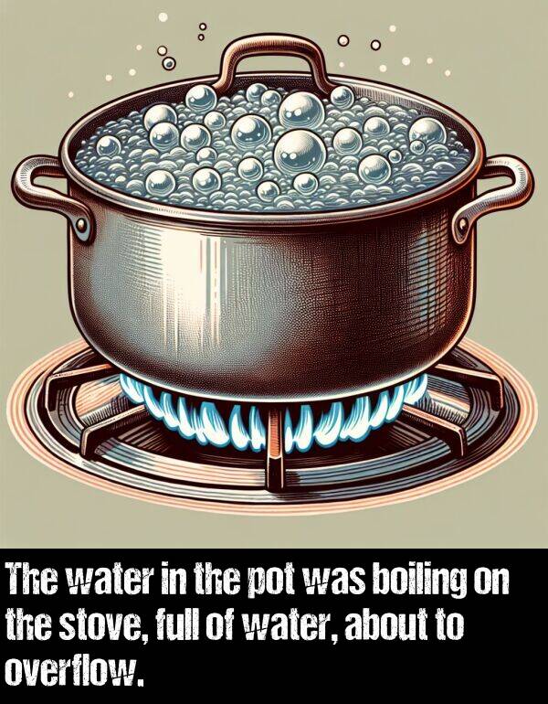 boiling: The water in the pot was boiling on the stove, full of water, about to overflow.