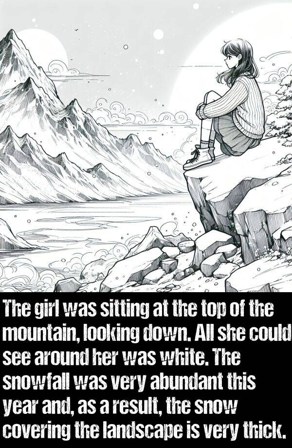 looking: The girl was sitting at the top of the mountain, looking down. All she could see around her was white. The snowfall was very abundant this year and, as a result, the snow covering the landscape is very thick.