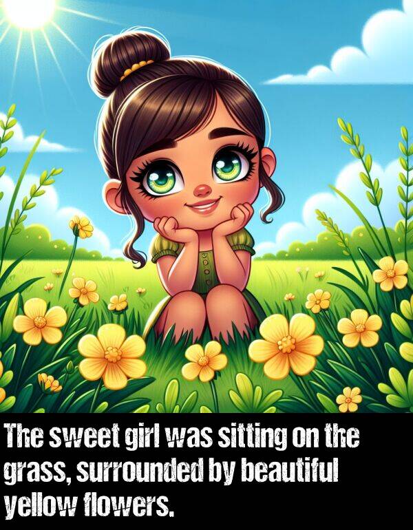 girl: The sweet girl was sitting on the grass, surrounded by beautiful yellow flowers.