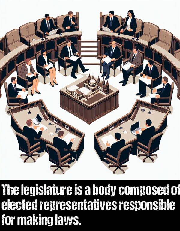 legislature: The legislature is a body composed of elected representatives responsible for making laws.