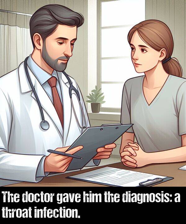 gave: The doctor gave him the diagnosis: a throat infection.