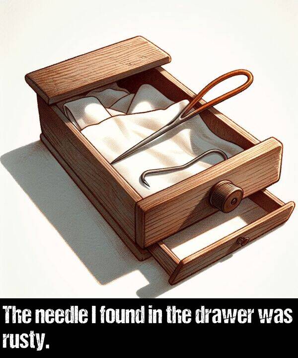 needle: The needle I found in the drawer was rusty.