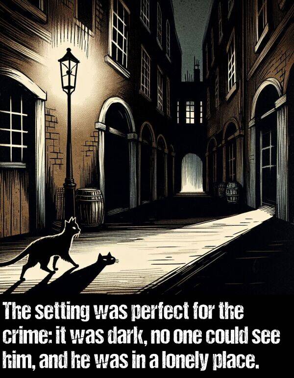 dark: The setting was perfect for the crime: it was dark, no one could see him, and he was in a lonely place.