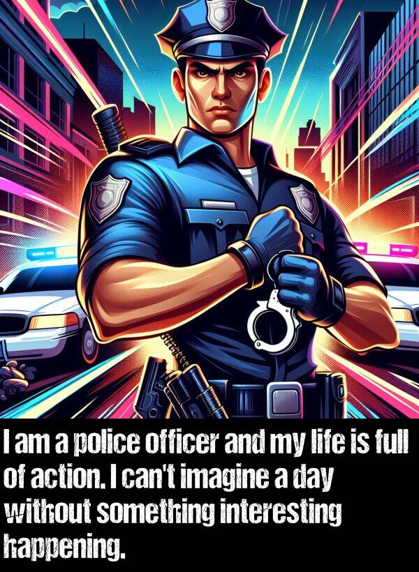 without: I am a police officer and my life is full of action. I can't imagine a day without something interesting happening.