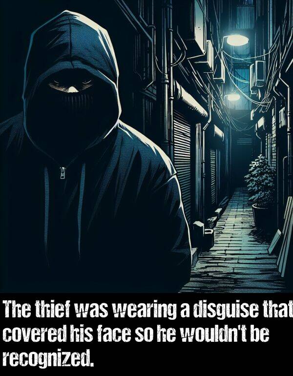 disguise: The thief was wearing a disguise that covered his face so he wouldn't be recognized.
