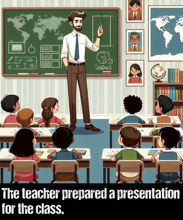 teacher: The teacher prepared a presentation for the class.