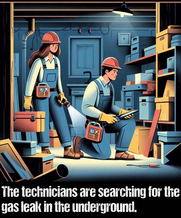 searching: The technicians are searching for the gas leak in the underground.
